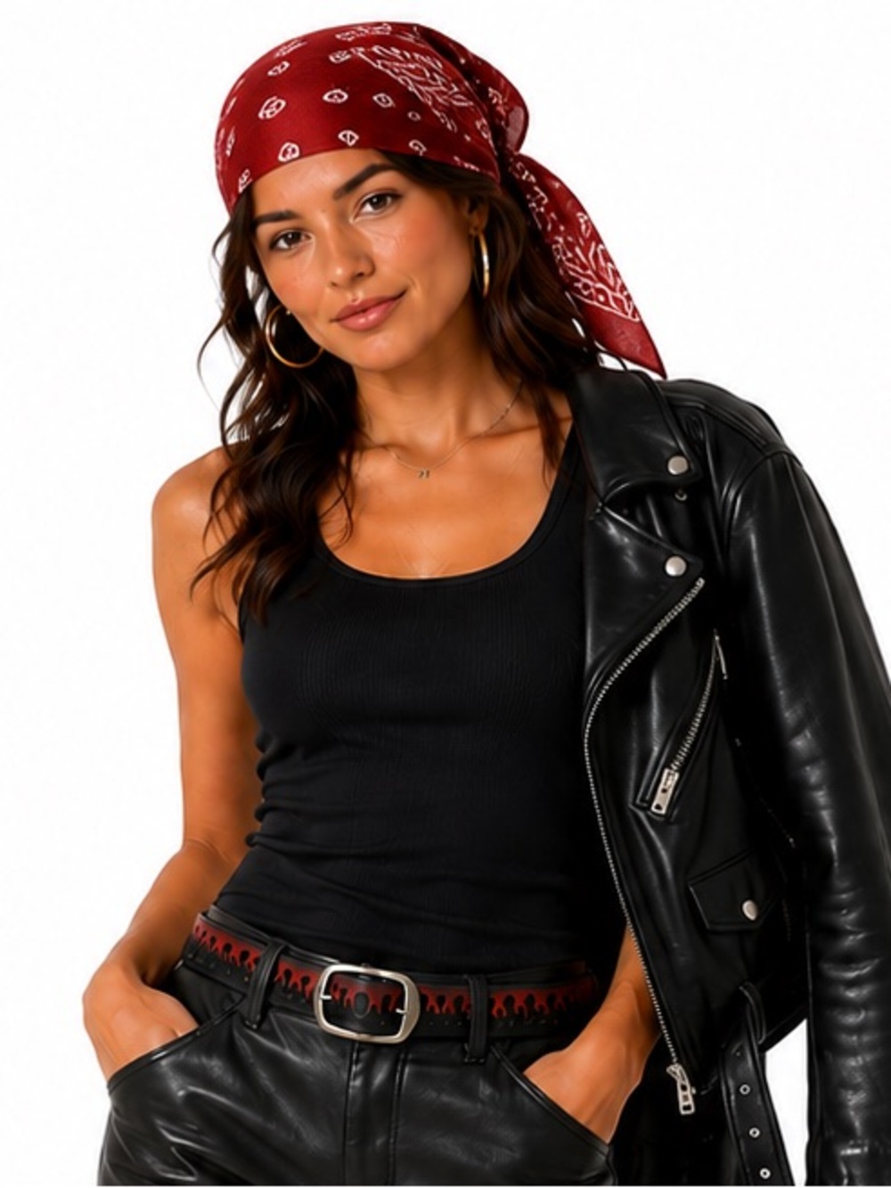 Y2K Flame Leather Belt Red Black Tooled Western Biker Belt Size 30 Made in USA - Picture 3 of 7